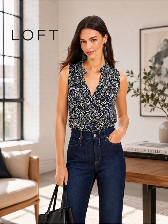 LOFT Tops - LOFT Paisley Smocked Tie Neck Mixed Media Shell